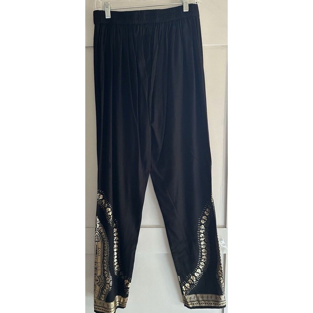 ASHRO Black Wide Leg Gold Embellished Elastic Waist Pants Size S 100% Rayon - Picture 5 of 5